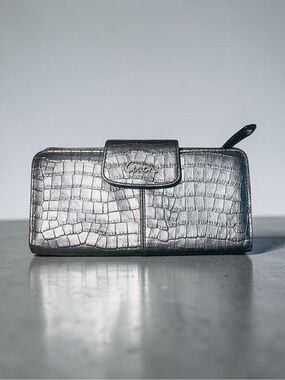 Coach Metallic Gun Metal Croc-Embossed Slim Wallet